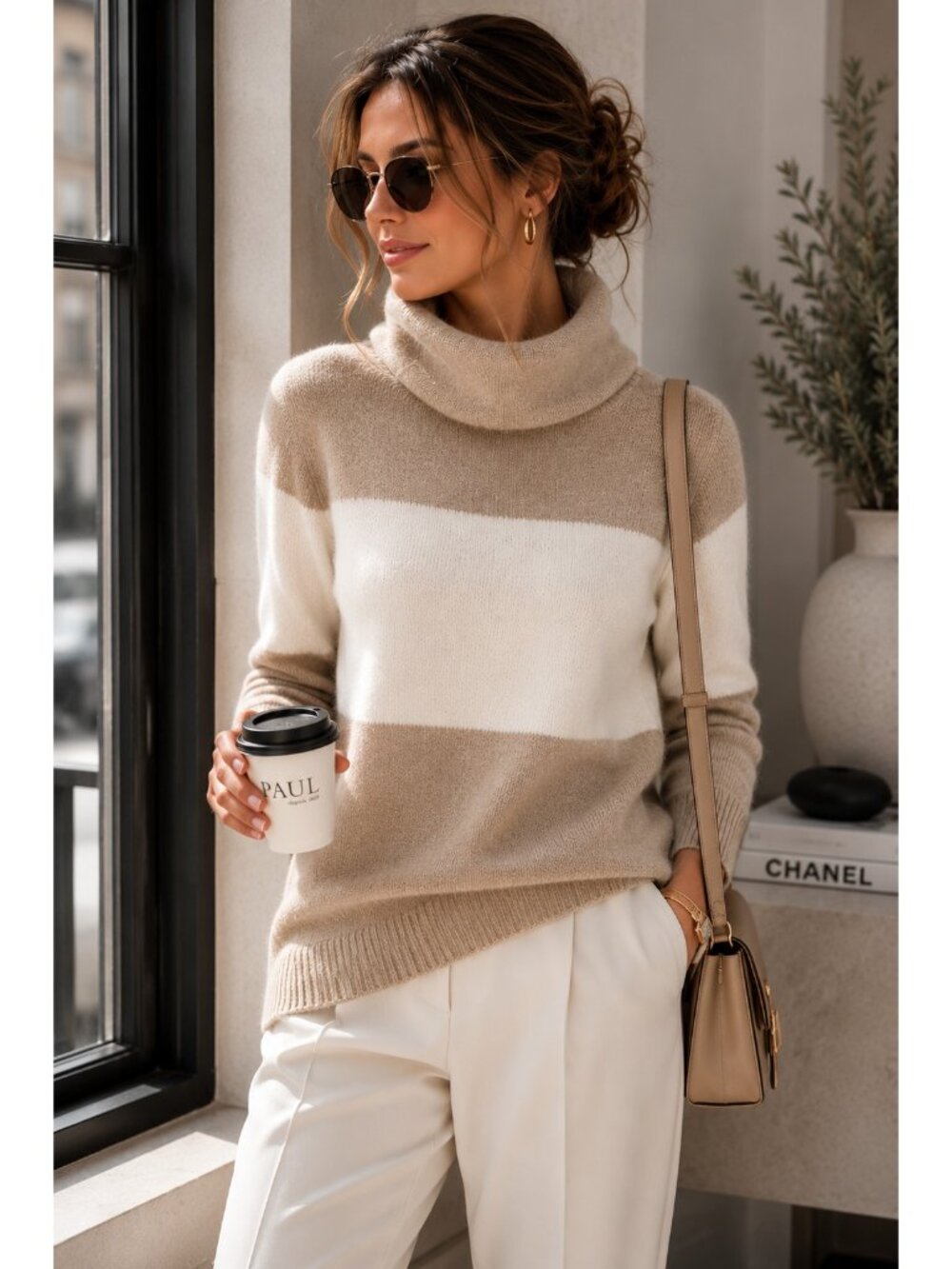 Athleta XS 100% Cashmere Colorblock Turtleneck Sweater Beige Ivory Quiet Luxury